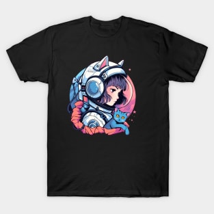 Female Astronaut and Blue Cat T-Shirt